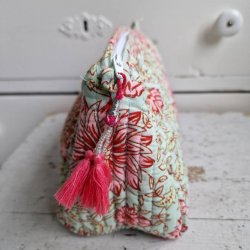 Bloktrykt toilettaske pistacie/rosa M