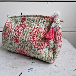 Bloktrykt toilettaske pistacie/rosa M