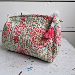 Bloktrykt toilettaske pistacie/rosa M