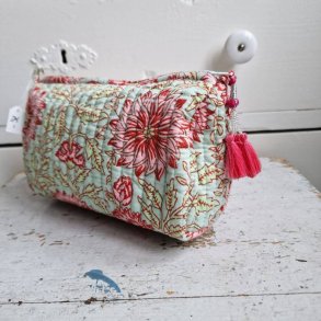 Bloktrykt toilettaske pistacie/rosa S