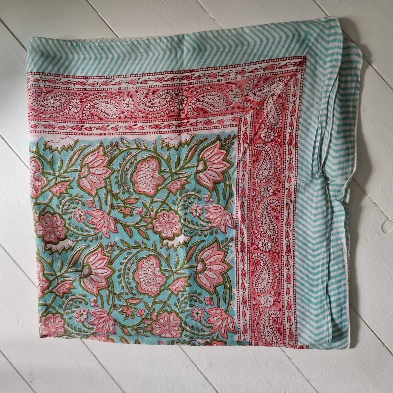 Bloktrykt bomulds trklde turkis/pink 89x 182