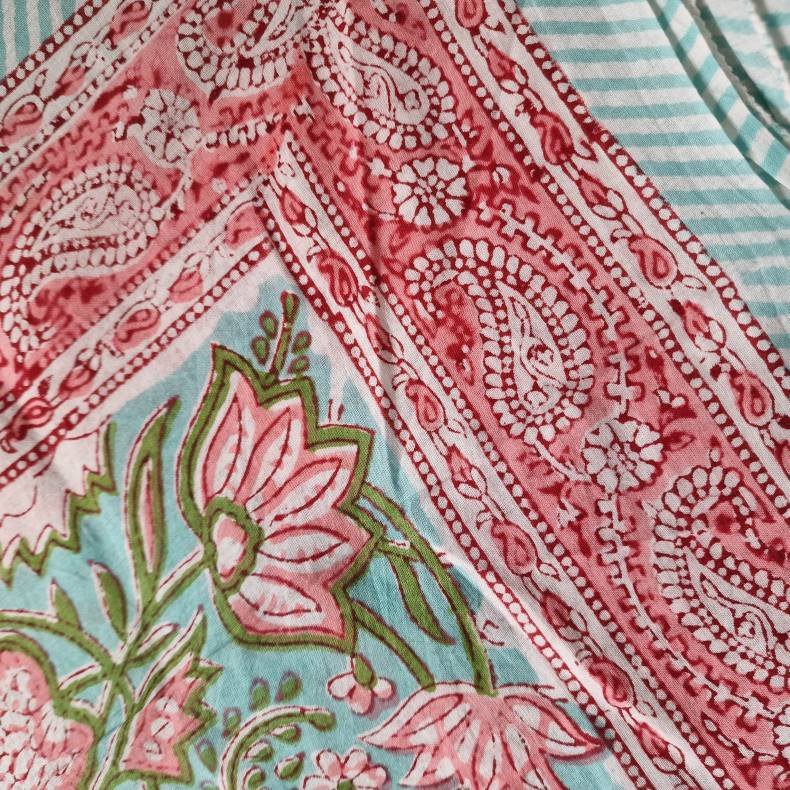 Bloktrykt bomulds trklde turkis/pink 89x 182