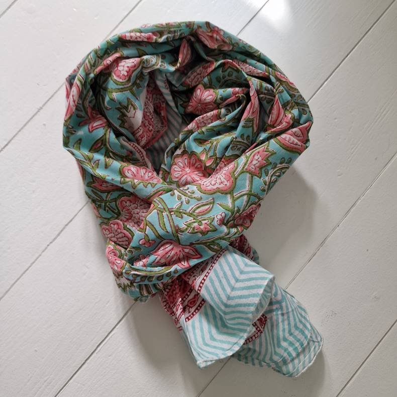 Bloktrykt bomulds trklde turkis/pink 89x 182