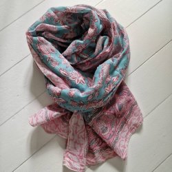 Bloktrykt bomulds trklde turkis/hvid/rd/pink 117x183