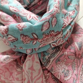 Bloktrykt bomulds trklde turkis/hvid/rd/pink 117x183