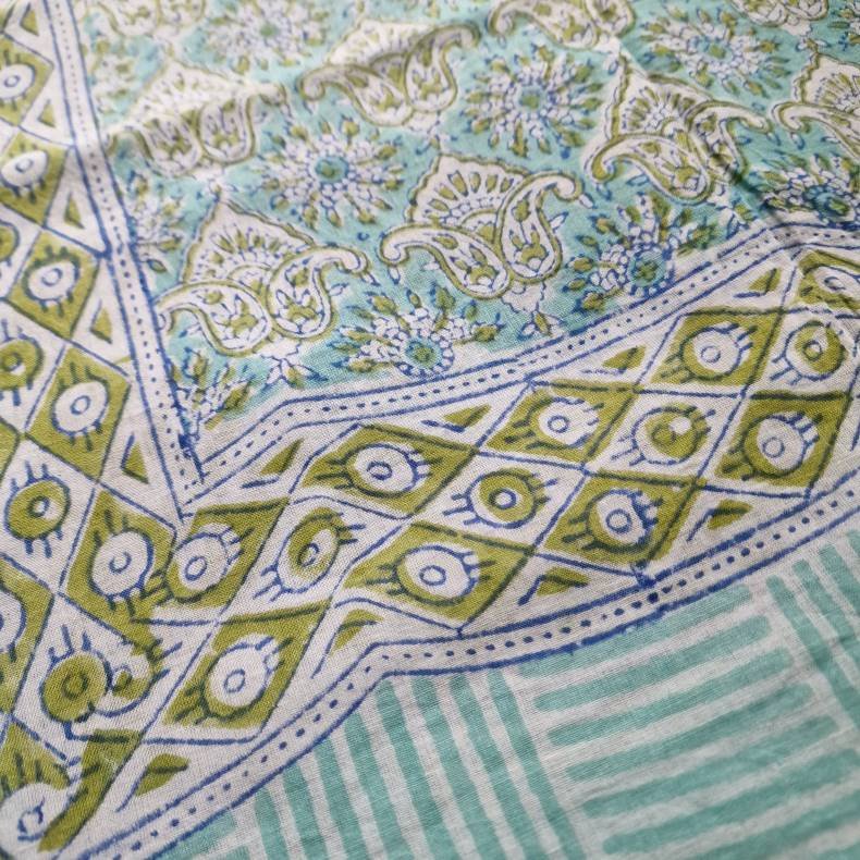 Bloktrykt bomulds trklde grn/turkis/hvidt 116x187