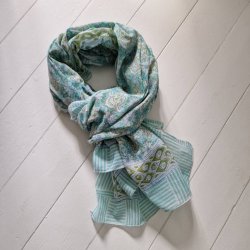 Bloktrykt bomulds trklde grn/turkis/hvidt 116x187