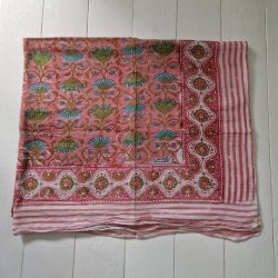 Bloktrykt bomulds trklde pink/turkis/hvidt 116x189