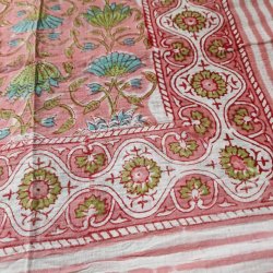 Bloktrykt bomulds trklde pink/turkis/hvidt 116x189