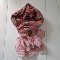 Bloktrykt bomulds trklde pink/turkis/hvidt 116x189