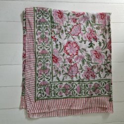 Bloktrykt bomulds trklde grn/mrk rd 119x187