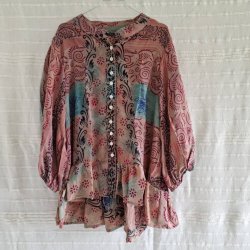 Skjorte med skd vintage saree silke rosa/turkis/flde s/m