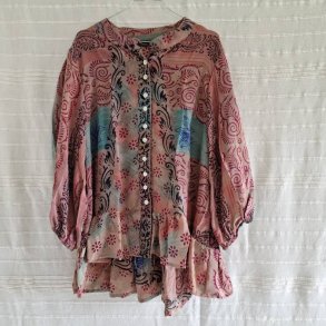 Skjorte med skd vintage saree silke rosa/turkis/flde s/m