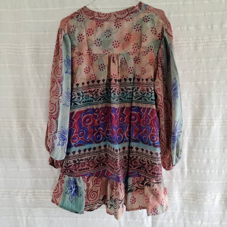 Skjorte med skd vintage saree silke rosa/turkis/flde s/m