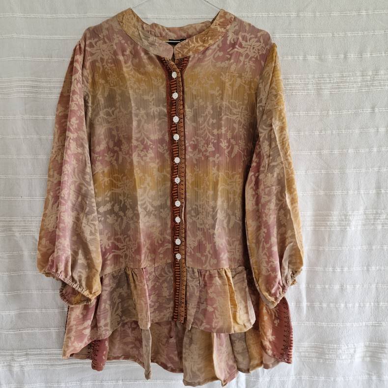 Skjorte med skd vintage saree silke gr/rosa/gul s/m