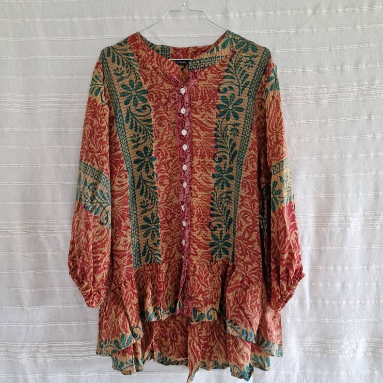 Skjorte med skd vintage saree silke pink/rd/turkis l/xl