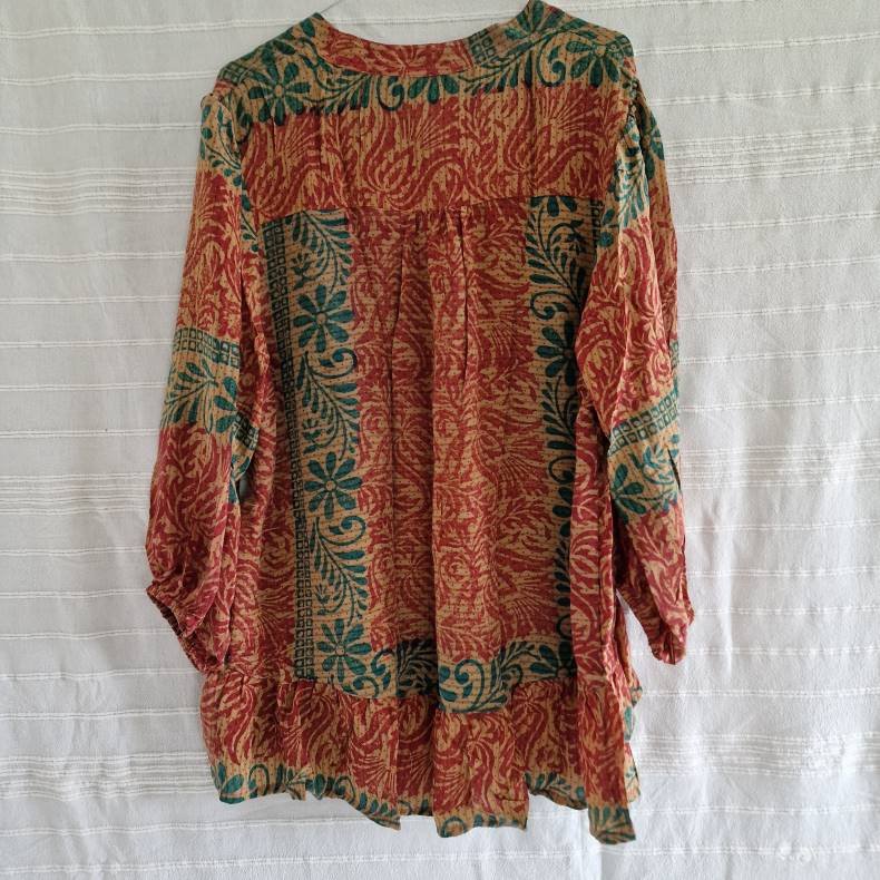 Skjorte med skd vintage saree silke pink/rd/turkis l/xl