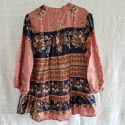 Skjorte med sk�d vintage saree silke rosa/sort l/xl