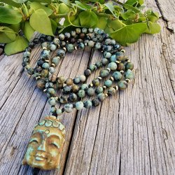 Afrikansk turkis hndskret buddha hoved luksus boheme mala