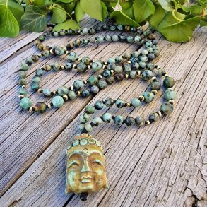 Afrikansk turkis hndskret buddha hoved luksus boheme mala