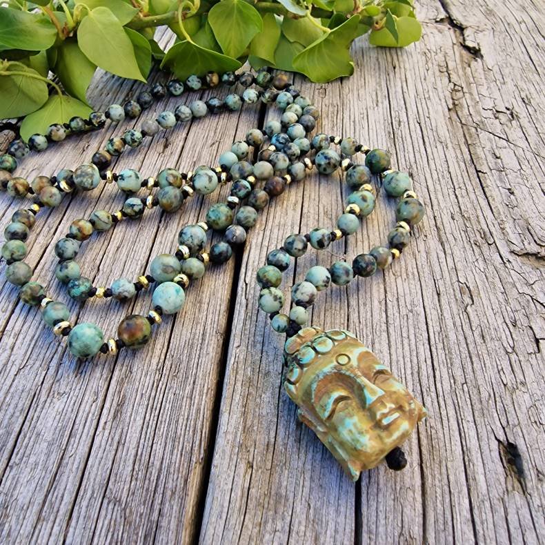 Afrikansk turkis hndskret buddha hoved luksus boheme mala