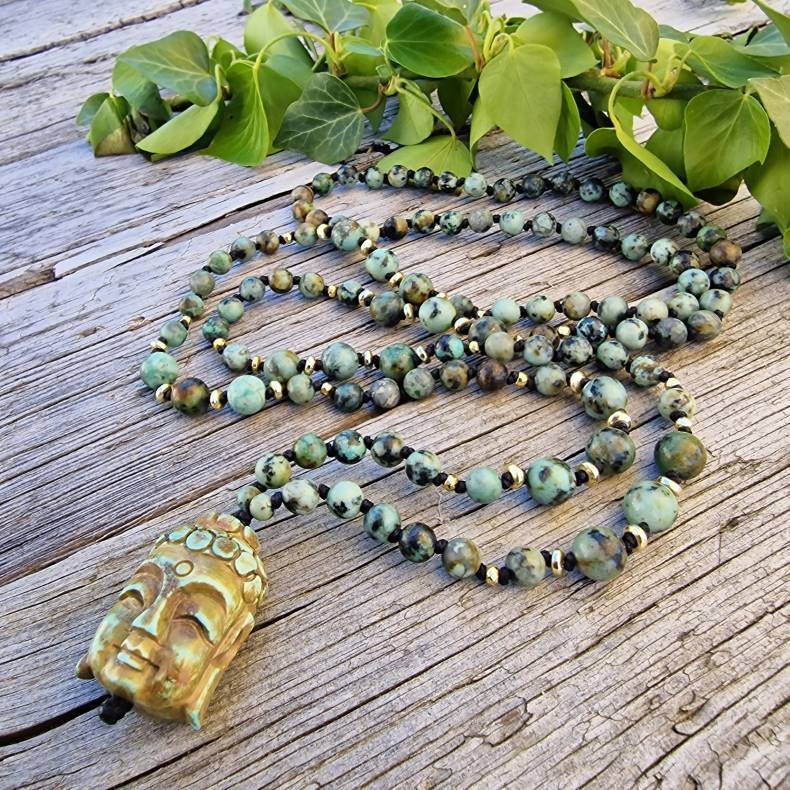 Afrikansk turkis hndskret buddha hoved luksus boheme mala