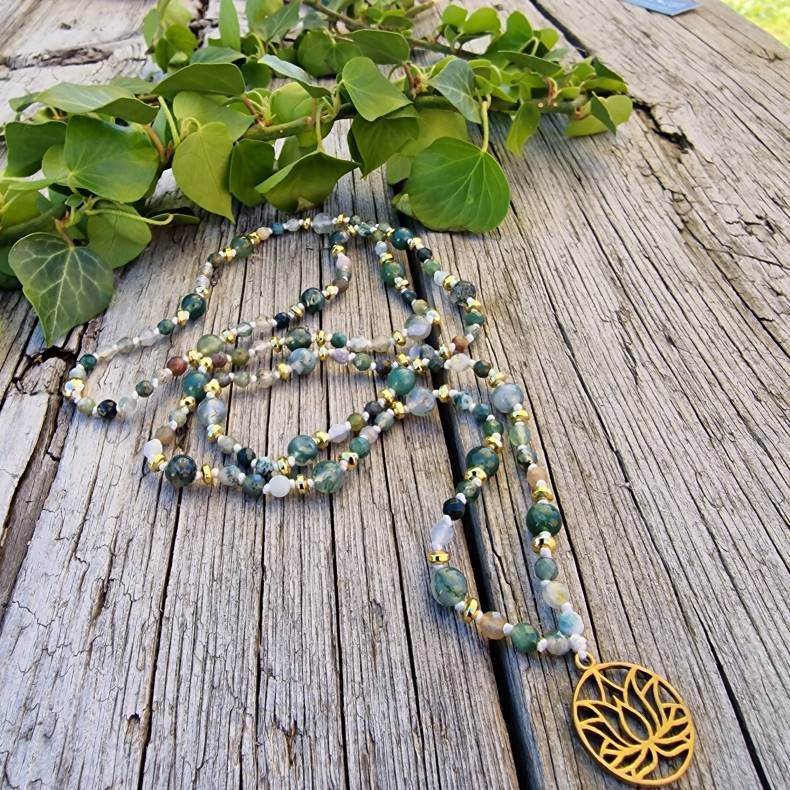 Flower mala moss agate