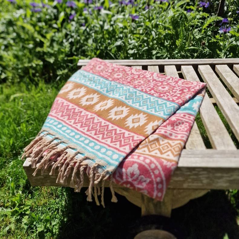 Grafisk uldtppe rosa/turkis