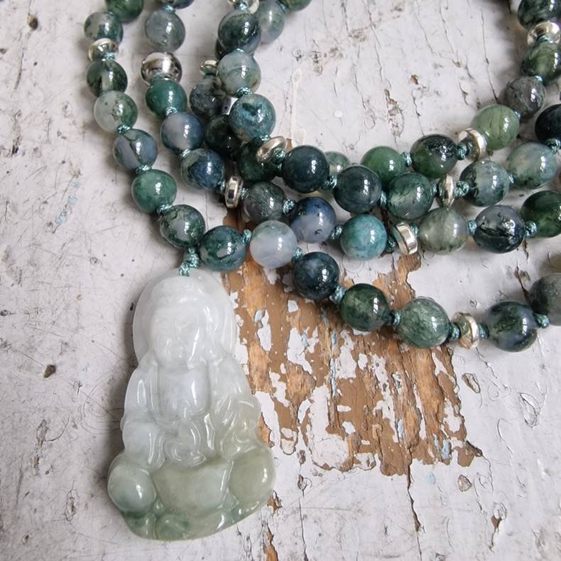 Moss agate og sten Guanyin luksus boheme mala