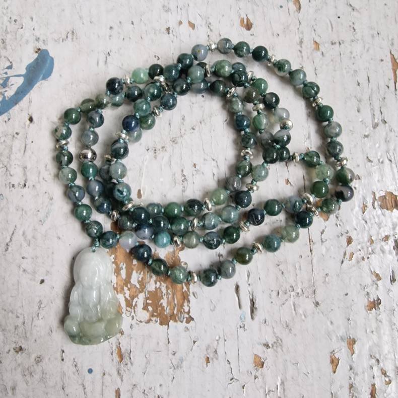 Moss agate og sten Guanyin luksus boheme mala