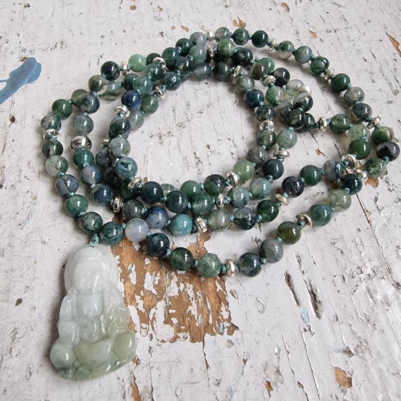 Moss agate og sten Guanyin luksus boheme mala