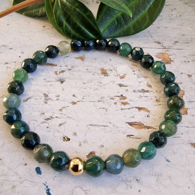 Moss agate armbnd facetslebet 6mm