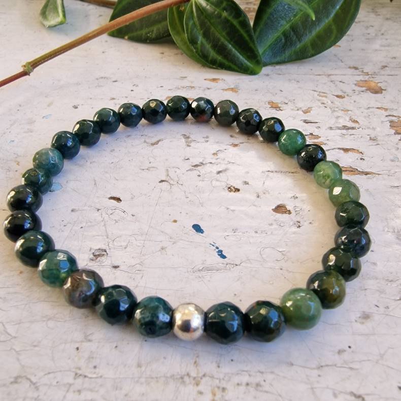 Moss agate armbnd facetslebet 6mm