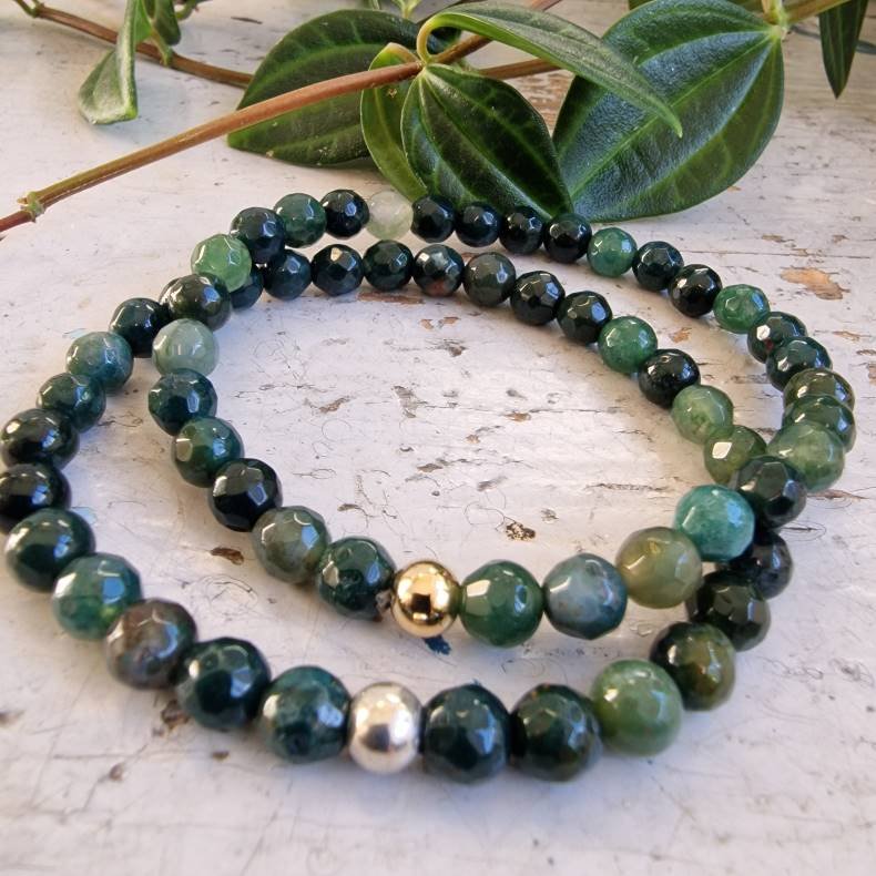 Moss agate armbnd facetslebet 6mm