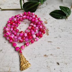 Pink agate Guanyin golden luksus boheme mala