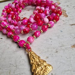 Pink agate Guanyin golden luksus boheme mala