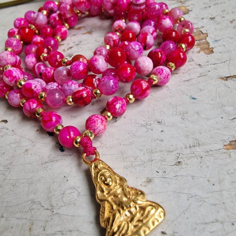 Pink agate Guanyin golden luksus boheme mala