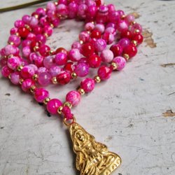 Pink agate Guanyin golden luksus boheme mala