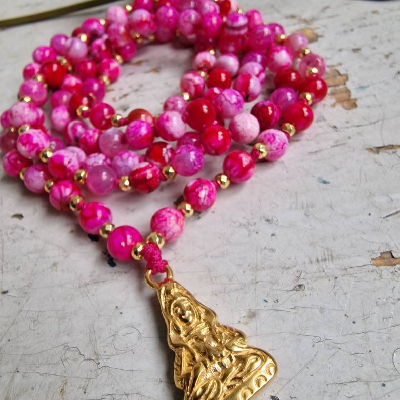 Pink agate Guanyin golden luksus boheme mala