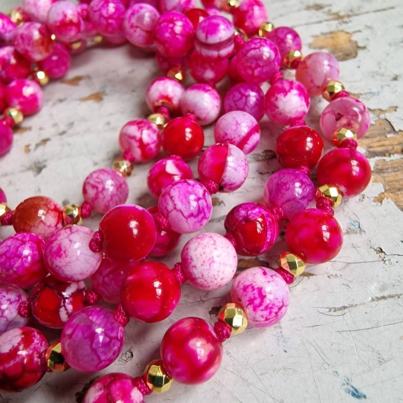 Pink agate Guanyin golden luksus boheme mala