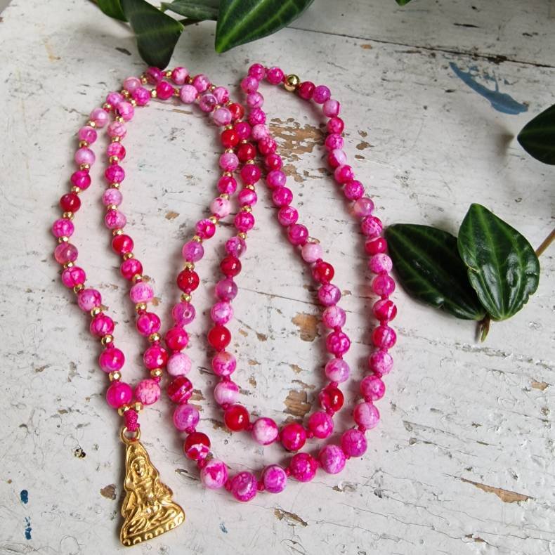 Pink agate Guanyin golden luksus boheme mala