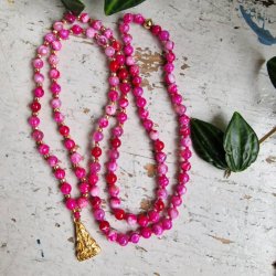 Pink agate Guanyin golden luksus boheme mala