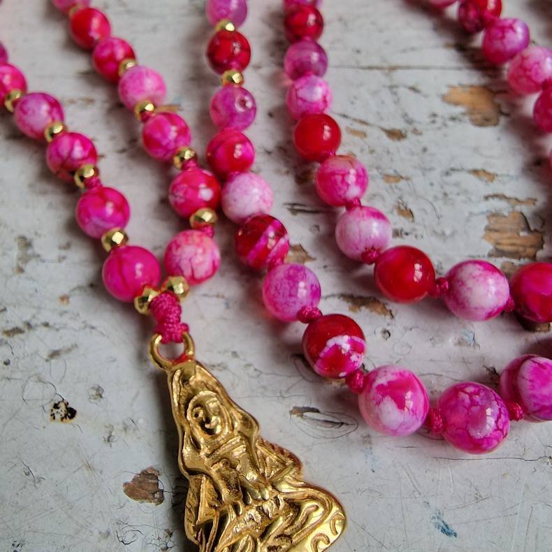 Pink agate Guanyin golden luksus boheme mala