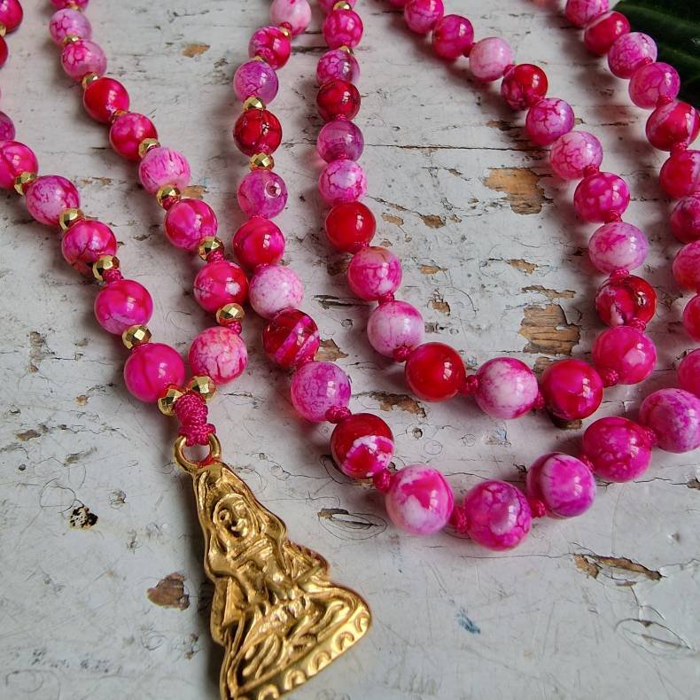 Pink agate Guanyin golden luksus boheme mala