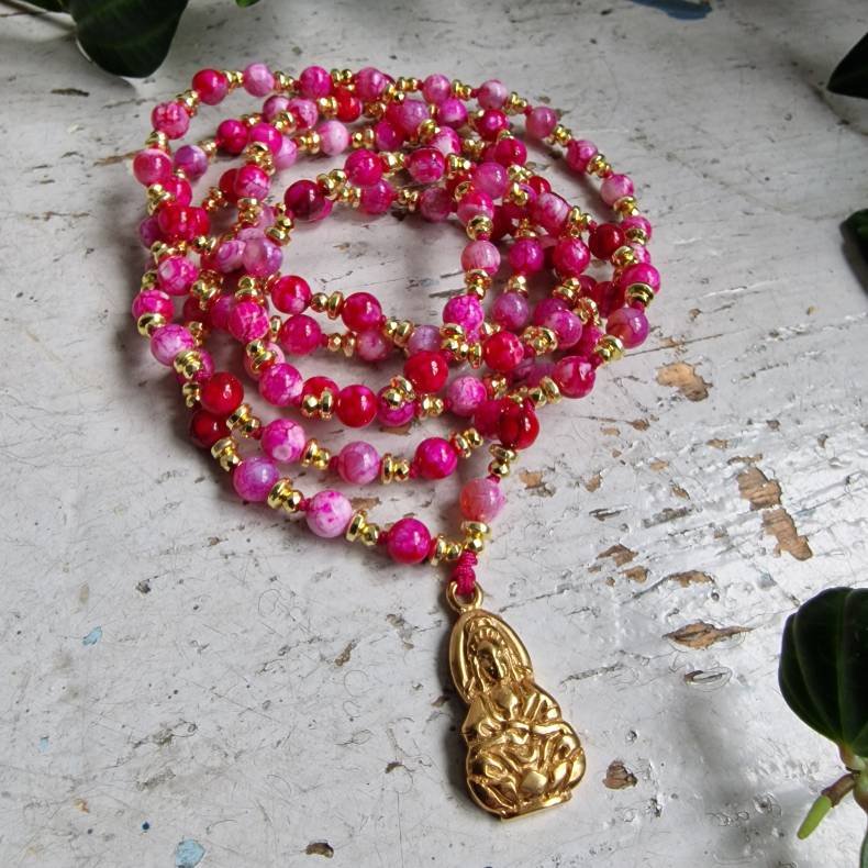 Pink agate Guanyin Lotus Luksus Boheme Mala