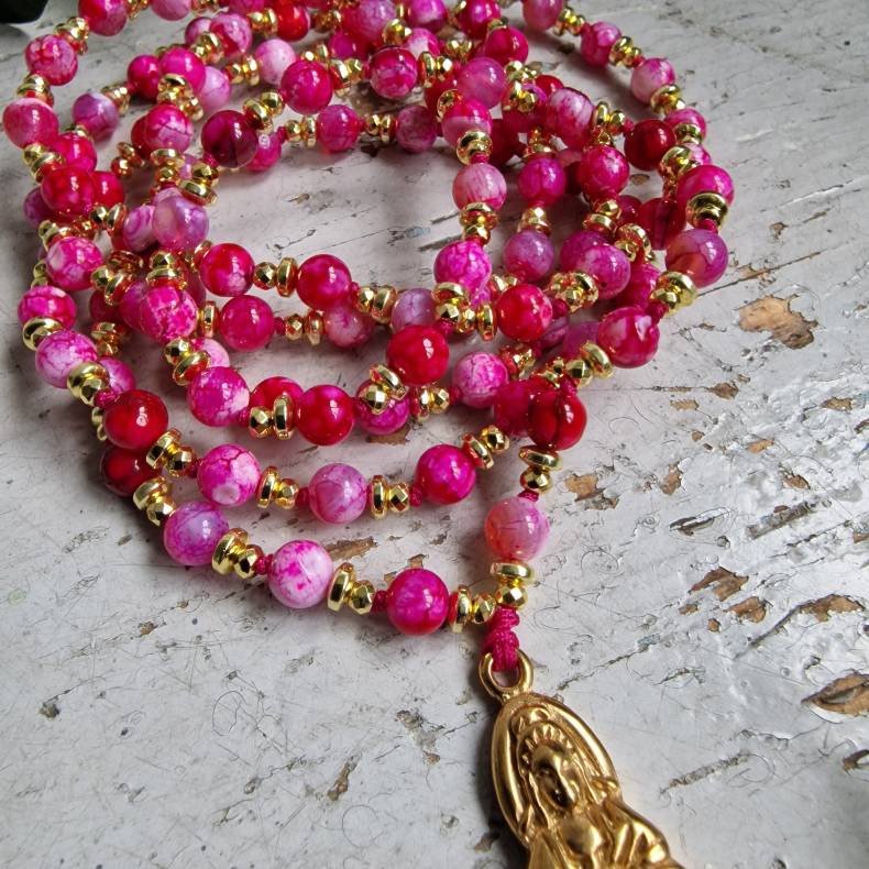 Pink agate Guanyin Lotus Luksus Boheme Mala