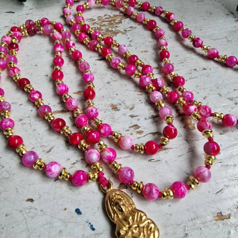 Pink agate Guanyin Lotus Luksus Boheme Mala