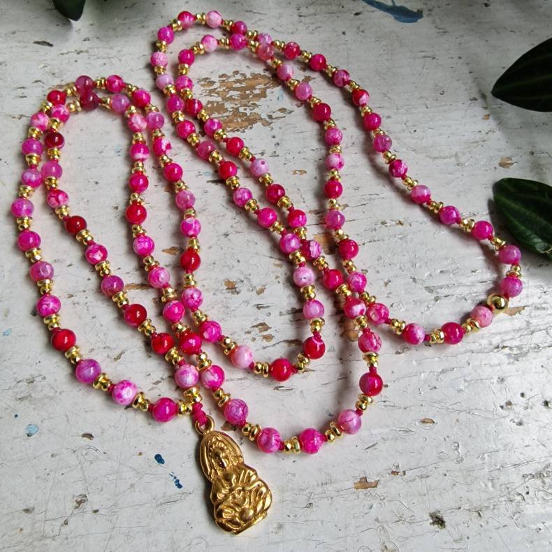 Pink agate Guanyin Lotus Luksus Boheme Mala