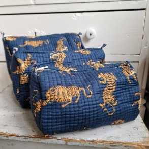 Mrke bl Indiske Bloktrykte kosmetik/toilettasker med tigere 