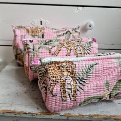 Lyserde Indiske Bloktrykte kosmetik/toilettasker med tigere og palmeblade.